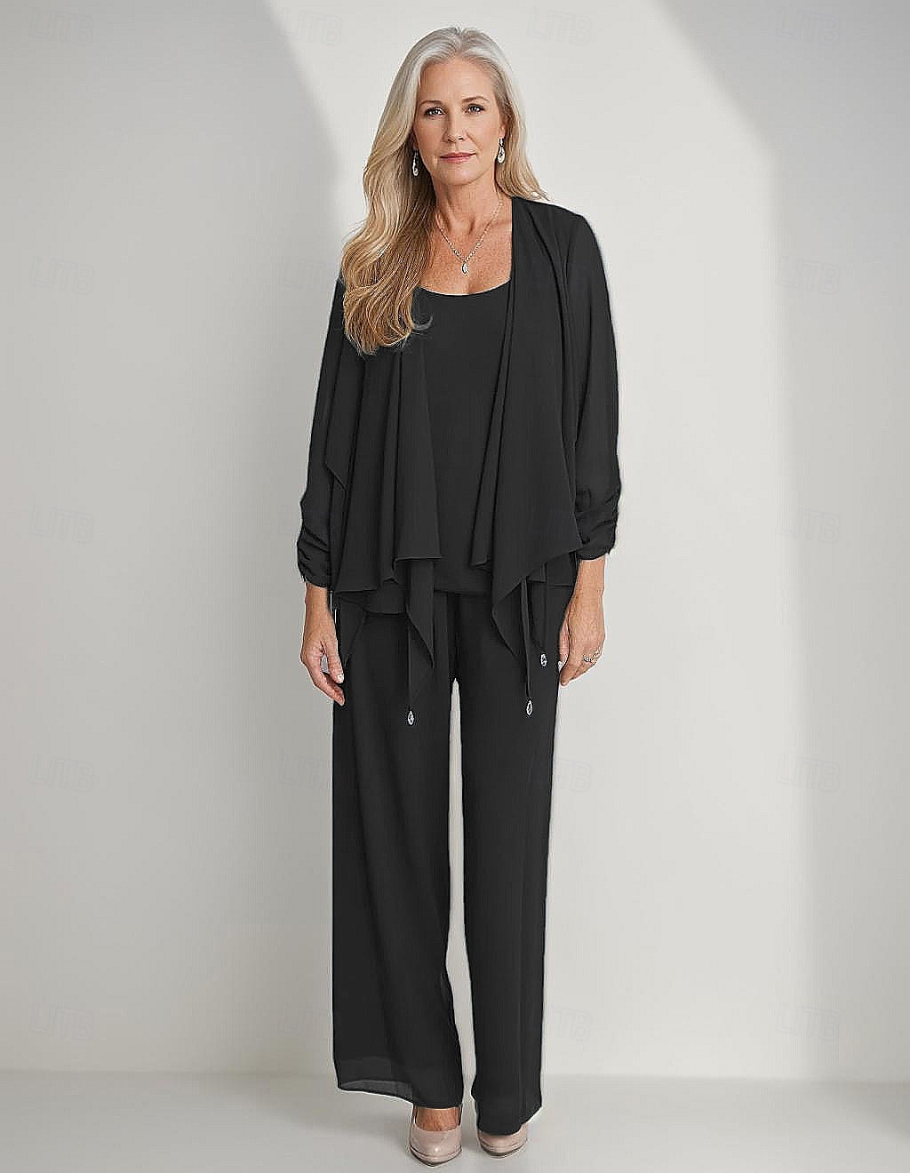 3 Piece Mother of the Bride Pantsuits Elegant Simple Luxurious Square Neck Floor Length Chiffon 3/4 Length Gathered Sleeve with Crystals Cascading Ruffles 2025 2025 - $135.99 –P7