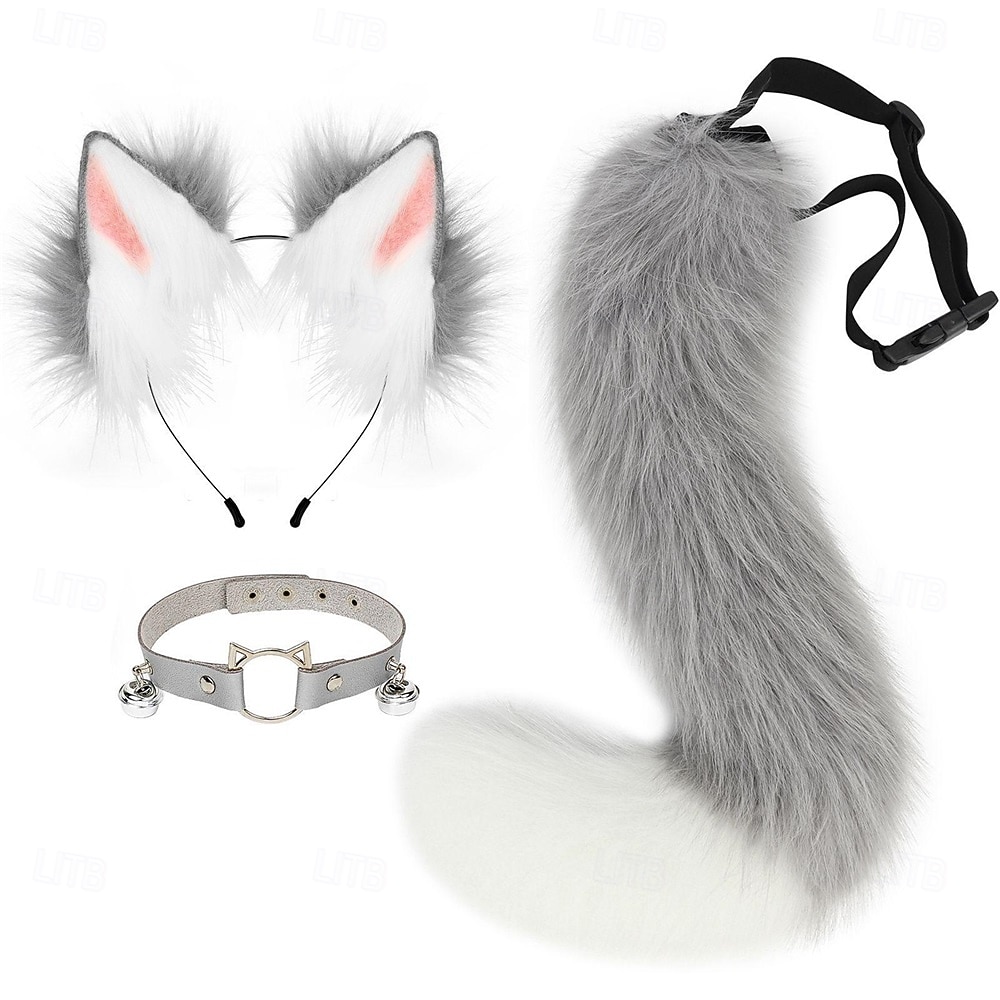 Bandă drăguță cu urechi de pisică, coadă și zgardă cu păr blănos – accesorii pentru cosplay cu animale, costum de fată-pisică pentru Halloween, petrecere și spectacol 2026 - $33.99 –P8