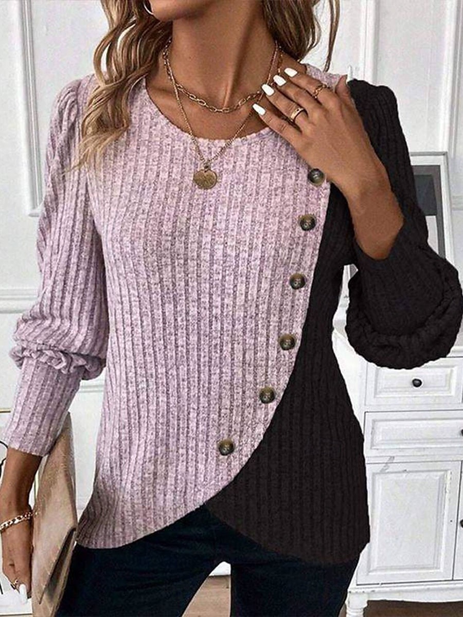 Damen Bluse Geometrisch Farbblock Tropisch Stilvoll Lässig Langarm Rundhalsausschnitt Normale Oberteile Täglich Patchwork Knöpfe Rosa Himmelblau Grau Frühling Herbst Winter 2025 - $26.99 –P1