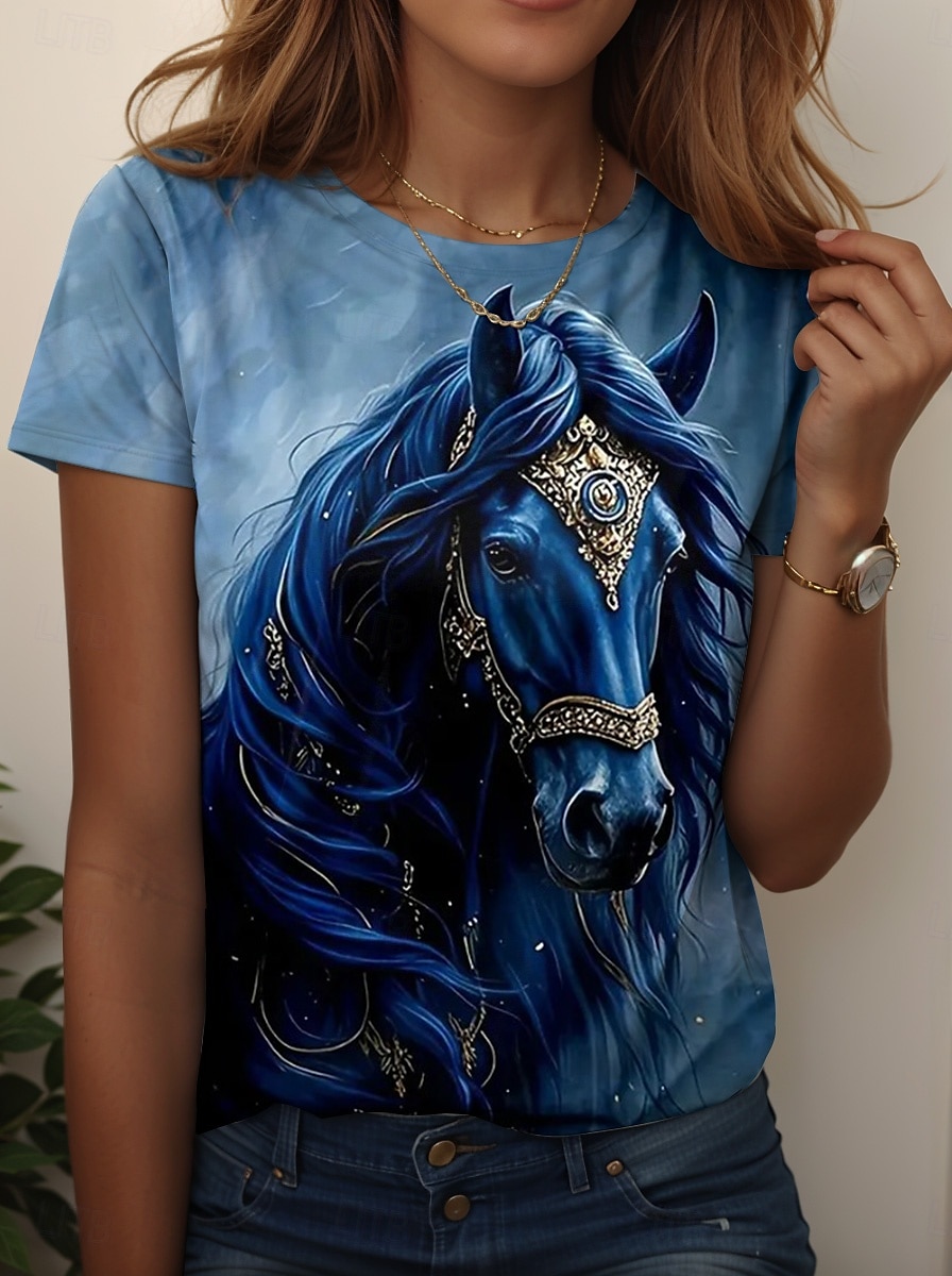 Femmes T-shirt Graphique Animal Cheval ancien Mode Élégant Manche Courte Col ras du cou Col rond Hauts Réguliers Quotidien Week-end Imprimé Marron clair Bleu Bleu Poudré Été Printemps de 2025 ? $19.99 –P5
