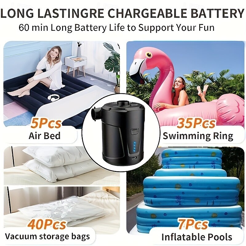 Wiederaufladbare, tragbare, kabellose elektrische Luftpumpe mit 5200 mAh – doppelt verwendbar für Luftmatratzen im Schwimmbecken &mehr - schwarz 2025 - $49.99 –P8