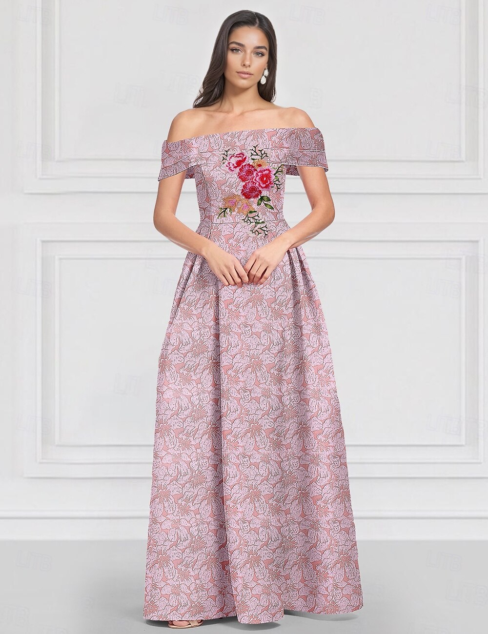 Blå jacquardbroderad blommig a-linjeformad aftonklänning elegant klänning formell bröllopsklänning golvlång ärmlös bar axel med veck 2025 2025 - $159.99 –P4