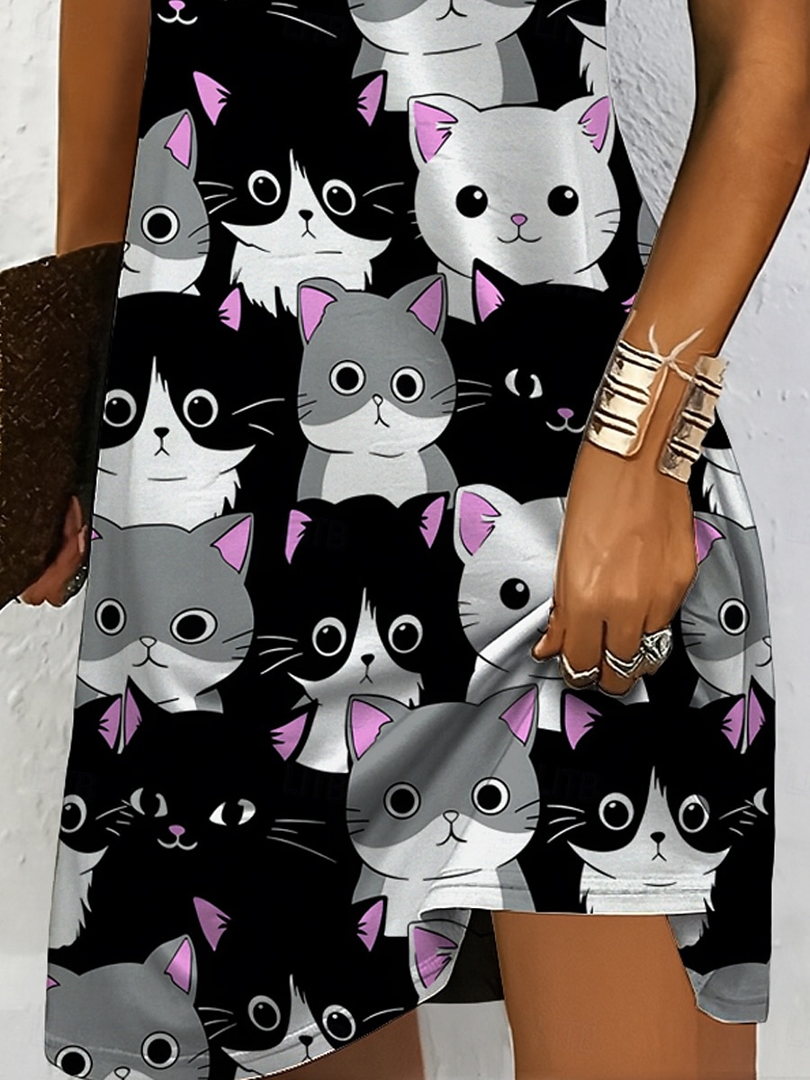 Damen Minikleid Freizeitkleid T-Shirt-Kleid A Linie Kleid Sommerkleid Urlaub Lässig Ferien Normale Passform Grafik Tiermotiv Katze Kurzarm Rundhalsausschnitt V Ausschnitt Schwarz und Weiß Gelb Rosa 2025 - $23.99 –P3