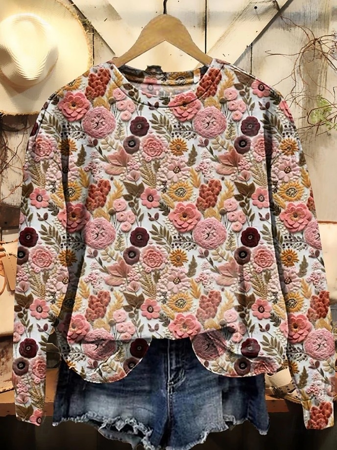 Femmes Sweatshirt Pull Fleuri Graphique Chaud Actif ancien manche longue Col ras du cou Hauts Réguliers Rue Tenue Quotidienne Occasionnel Imprimé Violet Fuchsia Orange Parme Beige Printemps Automne de 2025 ? $24.99 –P4