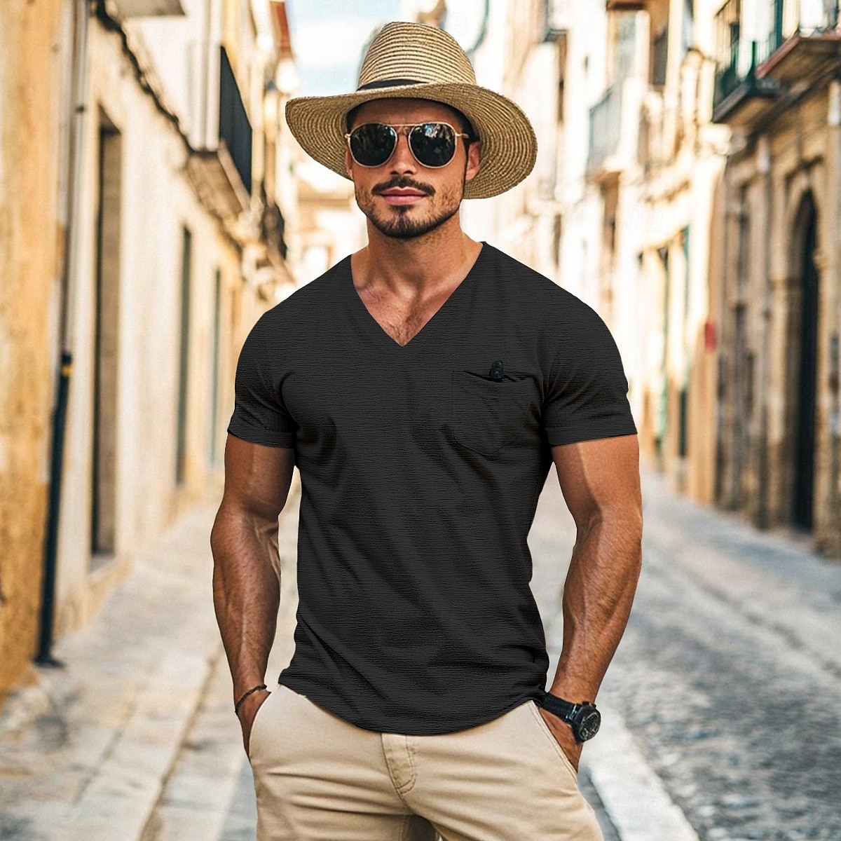 Hombre Camiseta Camisas que absorben la humedad Manga Corta Escote en Pico Verano Primavera Plano Retro Básico Casual Escote en V Cosecha Calle Casual Negro Blanco Azul Piscina Camiseta superior para 2025 - $13.99 –P9