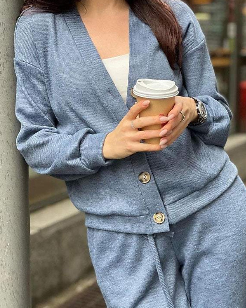 Dames Actief Streetwear Blouse Broeken Sets Lange mouw V-hals Effen Kleur Vakantie Alledaagse kleding Zwart Leger Groen Stoffig blauw Herfst Normale pasvorm 2025 - $24.99 –P10