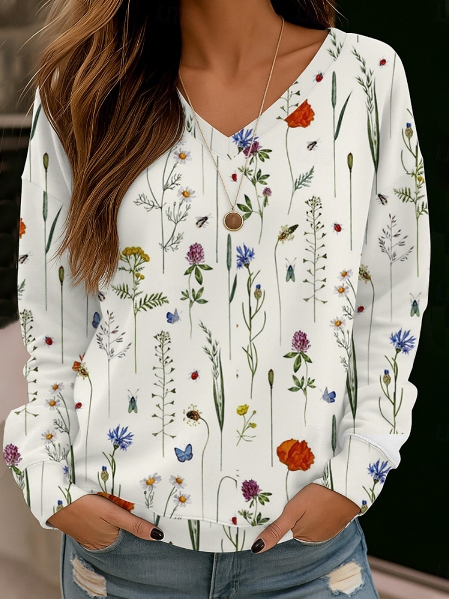 Damen Bluse Blumen Stilvoll Modern Langarm V Ausschnitt Normale Oberteile Täglich Ferien Druck Weiß Rote Blau Braun Sommer Frühling Herbst 2025 - $15.99 –P4