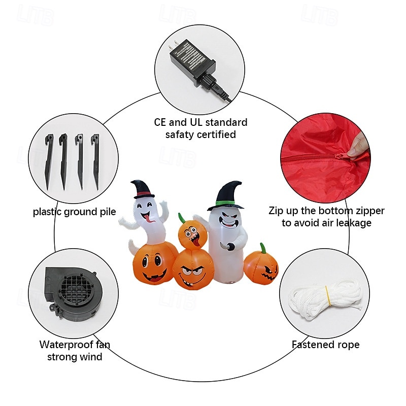 Costway 6 fot lang oppblåsbar halloween-dekorasjon med 4 gresskar &spøkelser med innebygde LED-lys 2025 - $108.99 –P9