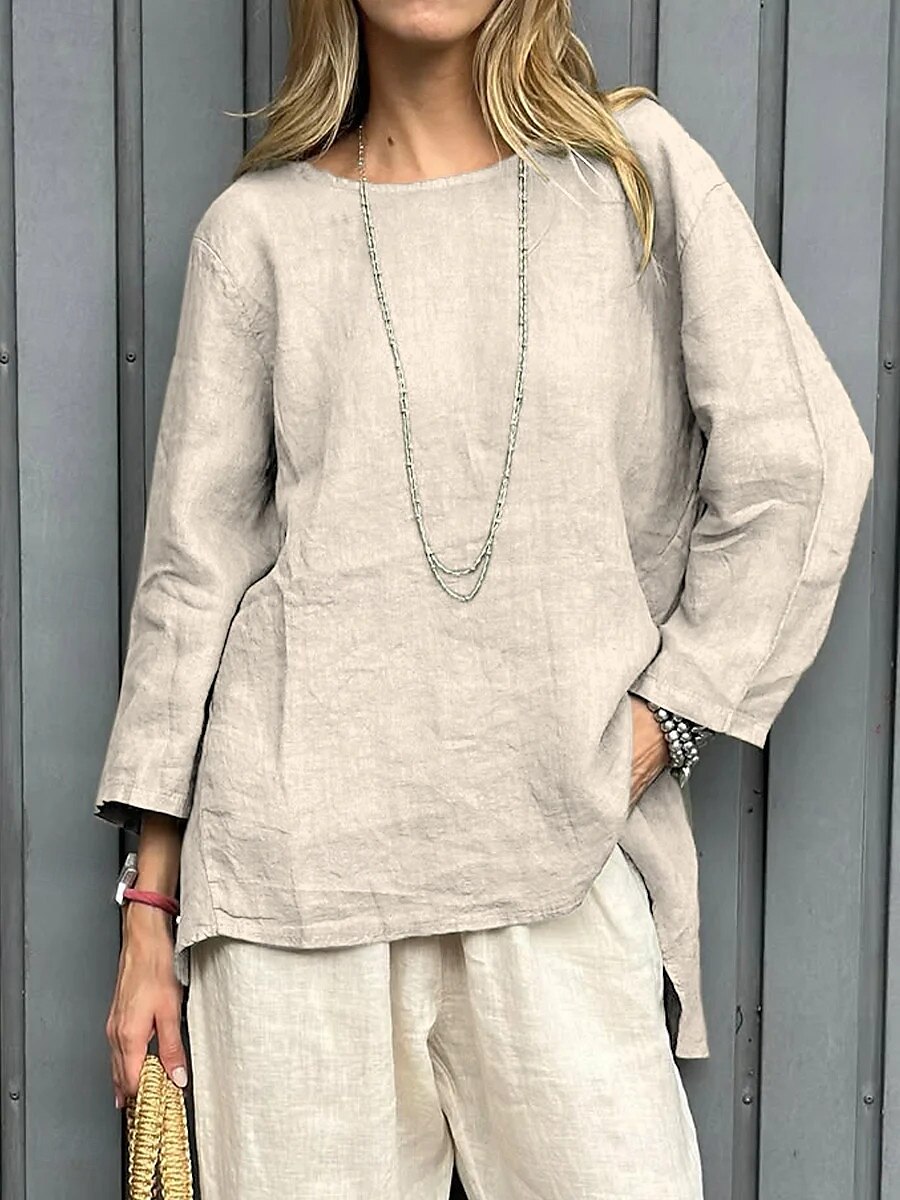 Damen Bluse Einfarbig Vintage Lässig Boho Langarm Rundhals Normale Oberteile Täglich Wochenende Patchwork Weiß Gelb Rote Himmelblau Khaki Frühling, Herbst, Winter, Sommer 2025 - $22.99 –P5