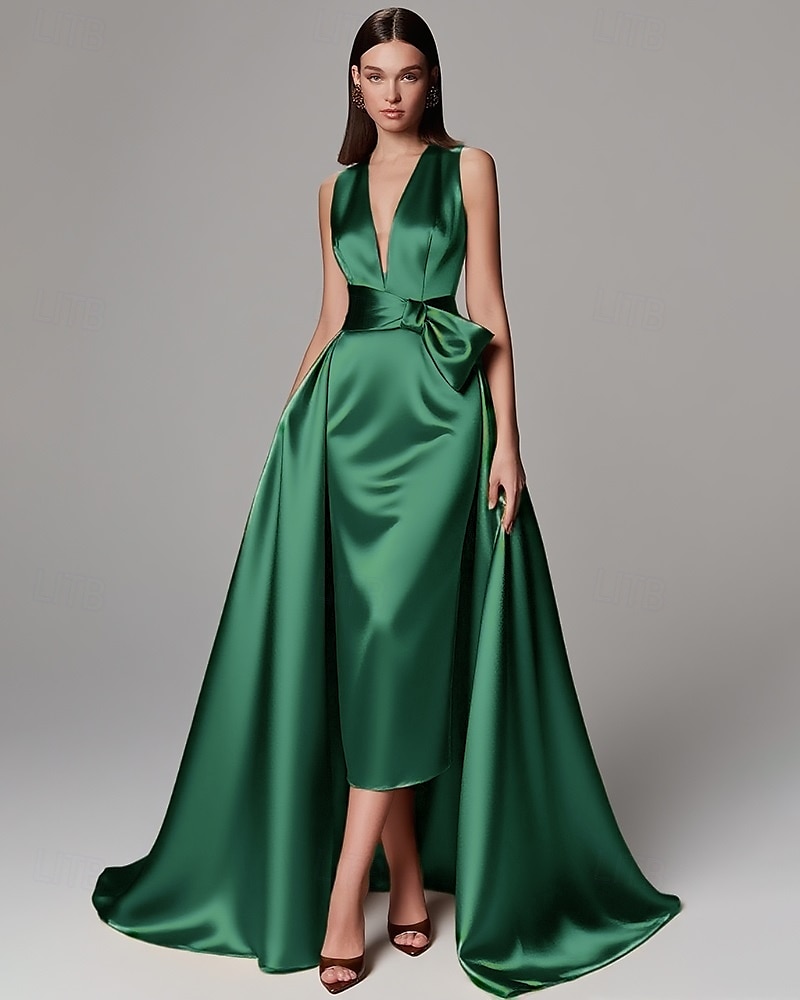 Rochie de seară elegantă, verde auriu, în linie A, rochie formală de nuntă, lungime până la podea, fără mâneci, decolteu în V, culoarea șampanie, rochie de seară pentru mama miresei, satin elastic cu 2025 - $137.99 –P4