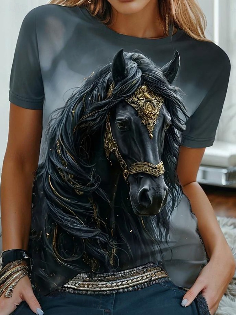 Femmes T-shirt Graphique Animal Cheval ancien Mode Élégant Manche Courte Col ras du cou Col rond Hauts Réguliers Quotidien Week-end Imprimé Marron clair Bleu Bleu Poudré Été Printemps de 2025 ? $19.99 –P1