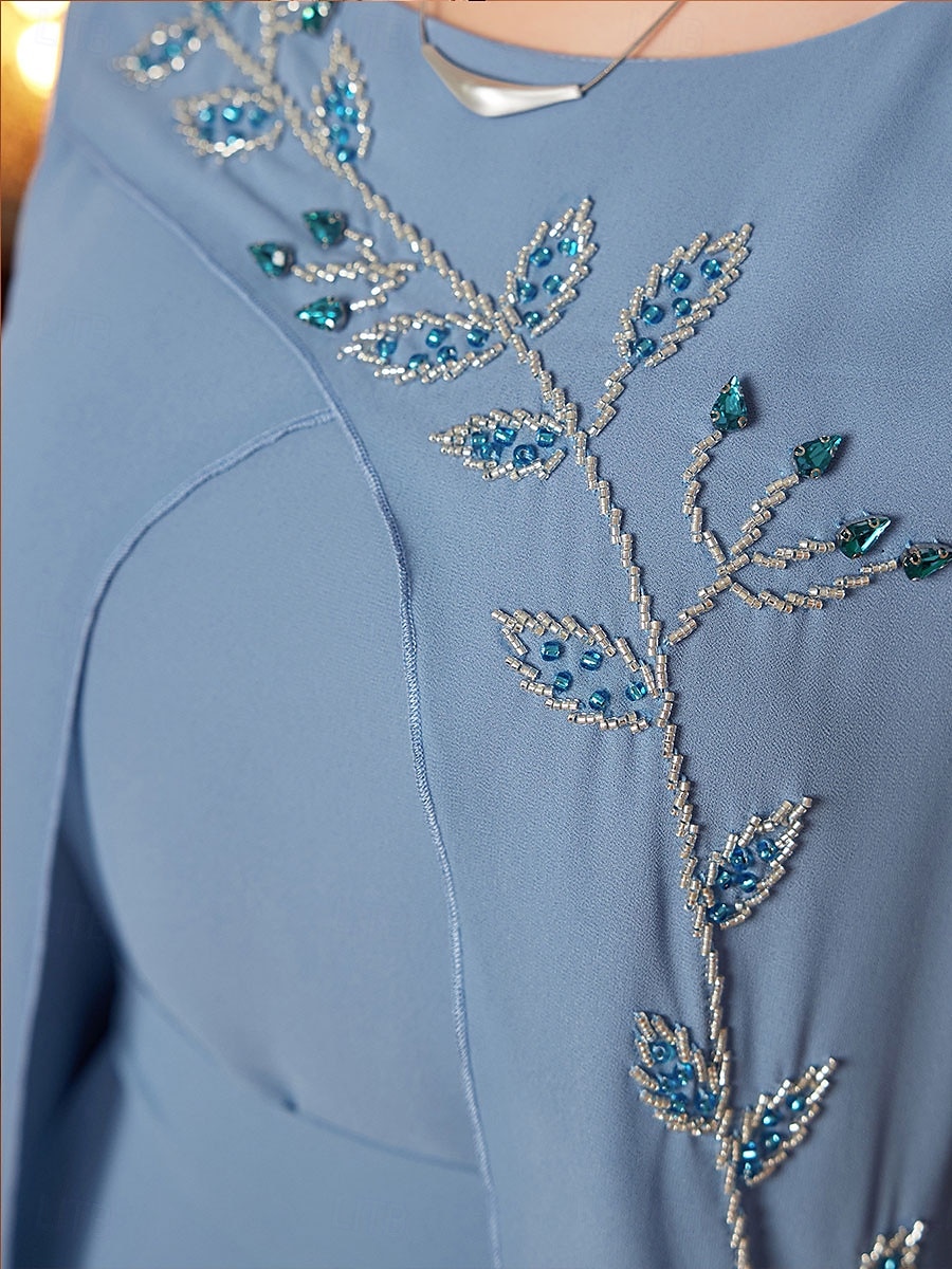 A-Line Mor til Bruden Kjole Elegant V Utringning Gulvlengde Chiffon Lang Erme med Belte Bånd Krystaller 2025 - $119.99 –P7