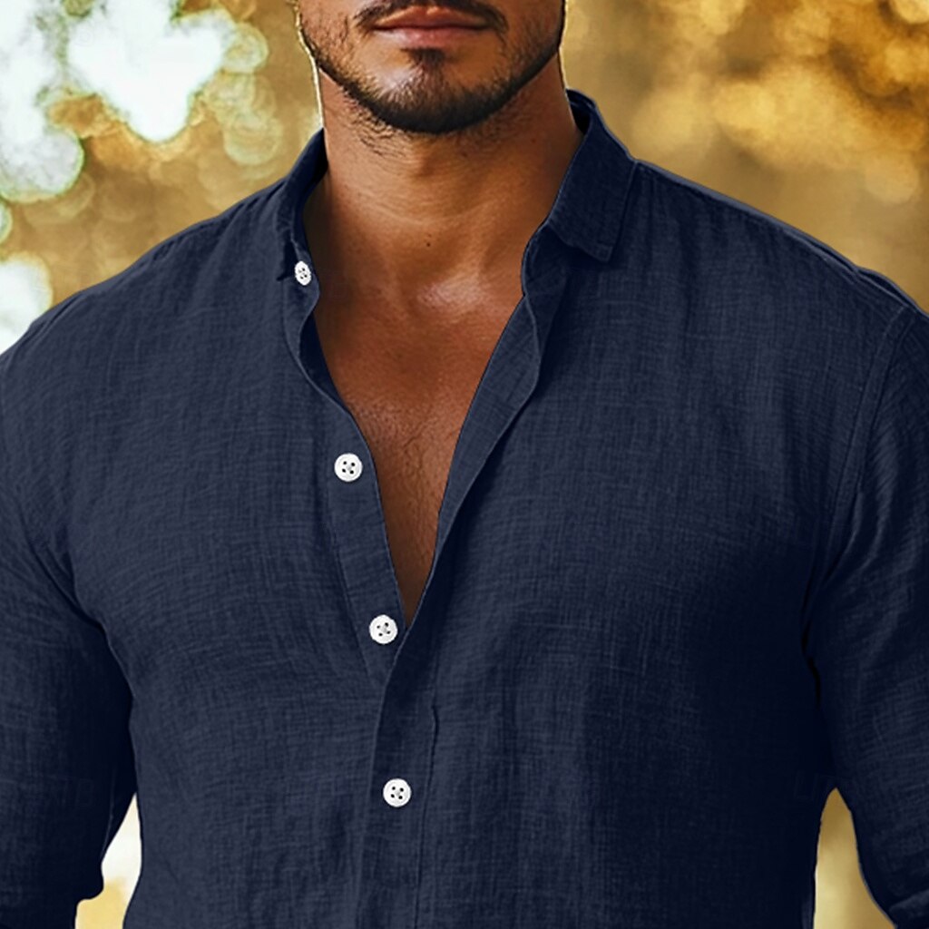 Herren Hemd Leinenhemd Knopfhemd Einfach Urlaub Lässig Schwarz Gelb Marineblau Braun Langarm Revers Sommer Herbst Bekleidung Knöpfe 2025 - $23.99 –P2