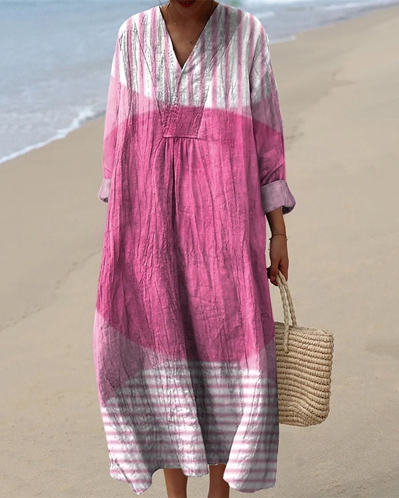 Women's Midi Dress Casual Dress Print Dress Fashion Modern Daily Beach Weekend Regular Fit Striped Long Sleeve V Neck Black Yellow Pink Green Spring Fall 2025 - $26.99 –P2