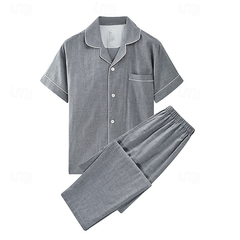 Herr Sovkläder Pyjamas set Pyjamastopp och byxa 1set Slät Mode Stylish Klassisk Hem Dagligen Säng Bomull Komfort Mjuk Andningsfunktion Kavajslag Kortärmad Skjorta Byxa Elastisk midja Knappar Sommar 2025 - $41.99 –P2