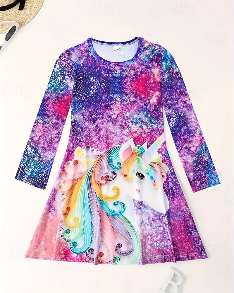 Mädchen' 3D Einhorn Kleid Langarm Sommer Frühling Urlaub Täglich Ferien Prinzessin Schön Süß Kinder 4-12 Jahre Freizeitkleid A Linie Kleid Knielang Normale Passform 2025 - $16.99 –P3