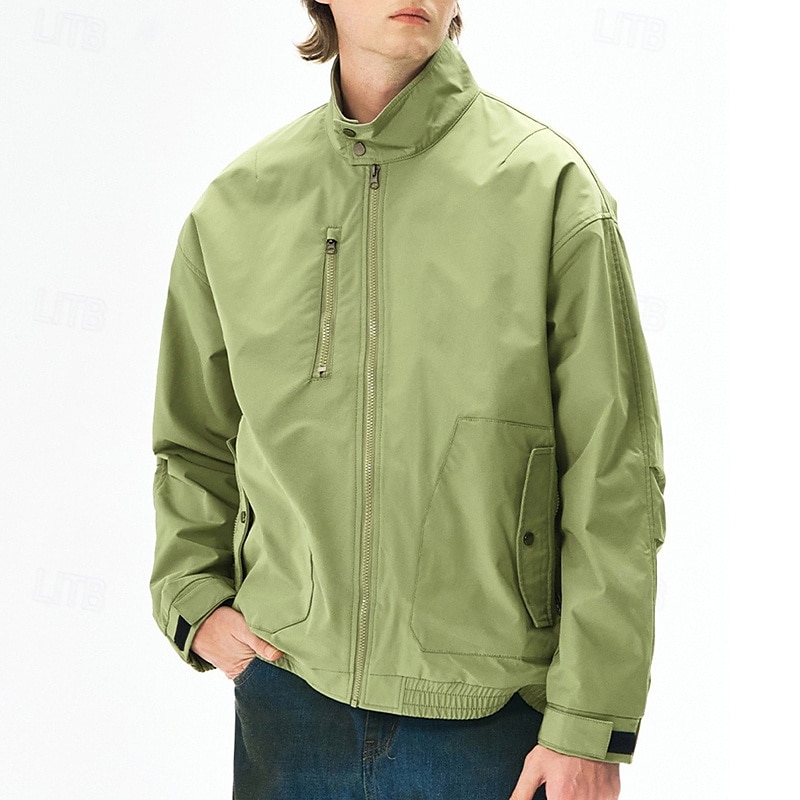Men's Lightweight Jacket Cargo Jacket Casual Jacket Vacation Daily Windproof Windbreaker Pocket Fall Winter Plain Fashion Classic Stand Collar Regular Black White Purple Green Jacket 2025 - $51.99 –P15
