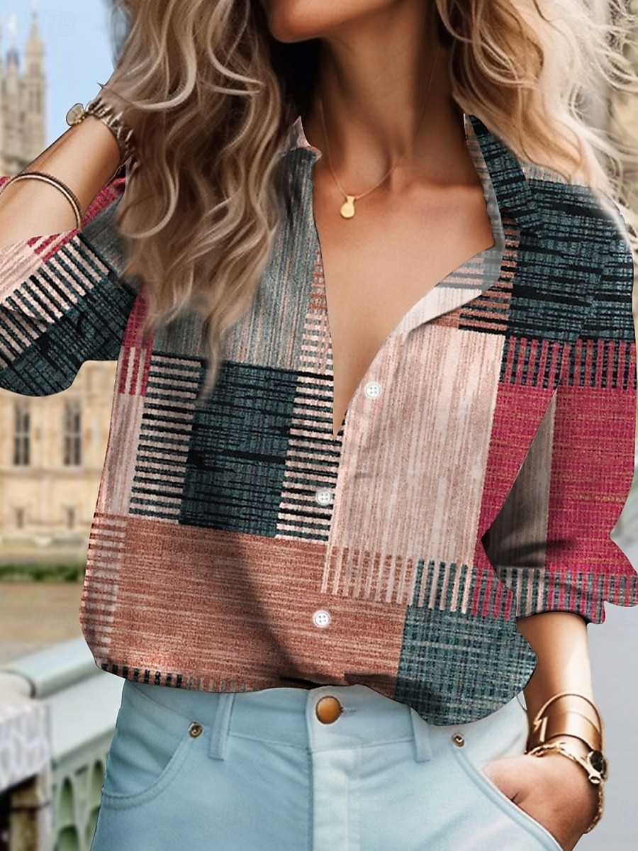 Dames Shirt Button Down Blouse Ruit Stijlvolle Casual Lange Mouwen Shirt Button Down Blouse Kraag Reguliere Tops Dagelijks Knopen Print Rood Blauw Groen Khaki Zomer Lente 2025 - $27.99 –P1