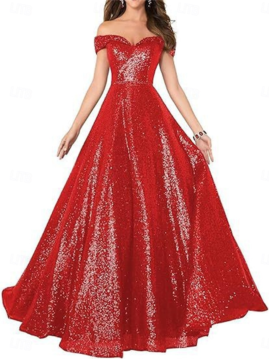 A-Line Evening Gown Elegant Dress Formal Performance Floor Length Short Sleeve Off Shoulder Sequined Backless with Pleats 2025 - $129.99 –P13