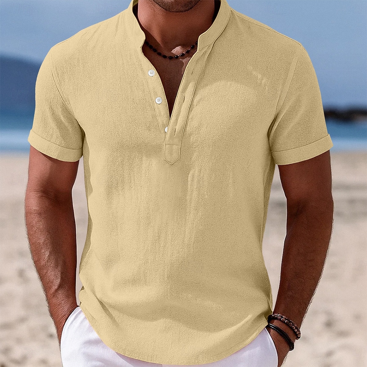 Herren Hemd Leinenhemd Stehkragenhemd Popover-Hemd Sommerhemd Strandbekleidung Einfach Urlaub Lässig Schwarz Weiß Gelb Rosa Kurzarm Stehkragen Sommer Bekleidung 2025 - $20.99 –P8