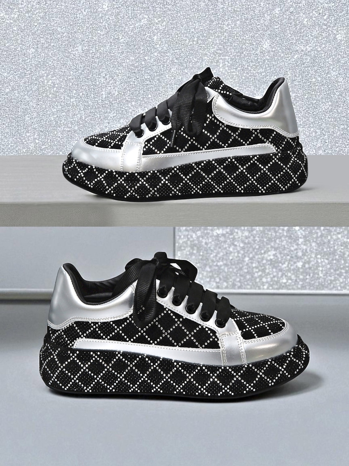 Tênis femininos acolchoados com strass - sapatos de festa com cadarço preto e prata para vida noturna, baladas e streetwear moderno de 2025 por $34.99 –P1