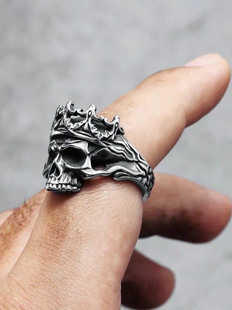 Herrenring aus Edelstahl mit Totenkopf und Krone – Gothic-Punk-Stil, robustes Heavy-Metal-Design, ideal für Halloween-Partys, Cosplay und Rockkonzerte 2025 - $11.99 –P2
