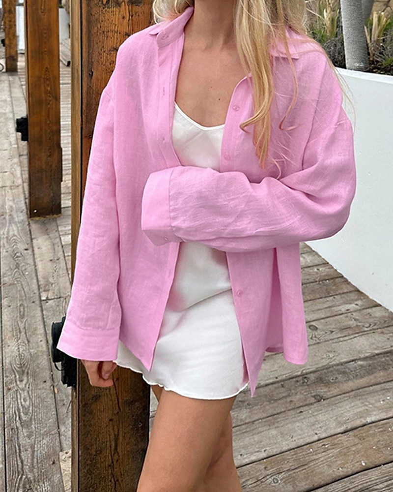 Per donna Camicia Camicie di cotone e lino Semplice Quotidiano Elegante Essenziale Manica Lunga Colletto a Camicia Top Regolari Lavoro Quotidiano Ferie Bottoni Bianco Rosa Blu Estate Primavera del 2025 a $27.99 –P1