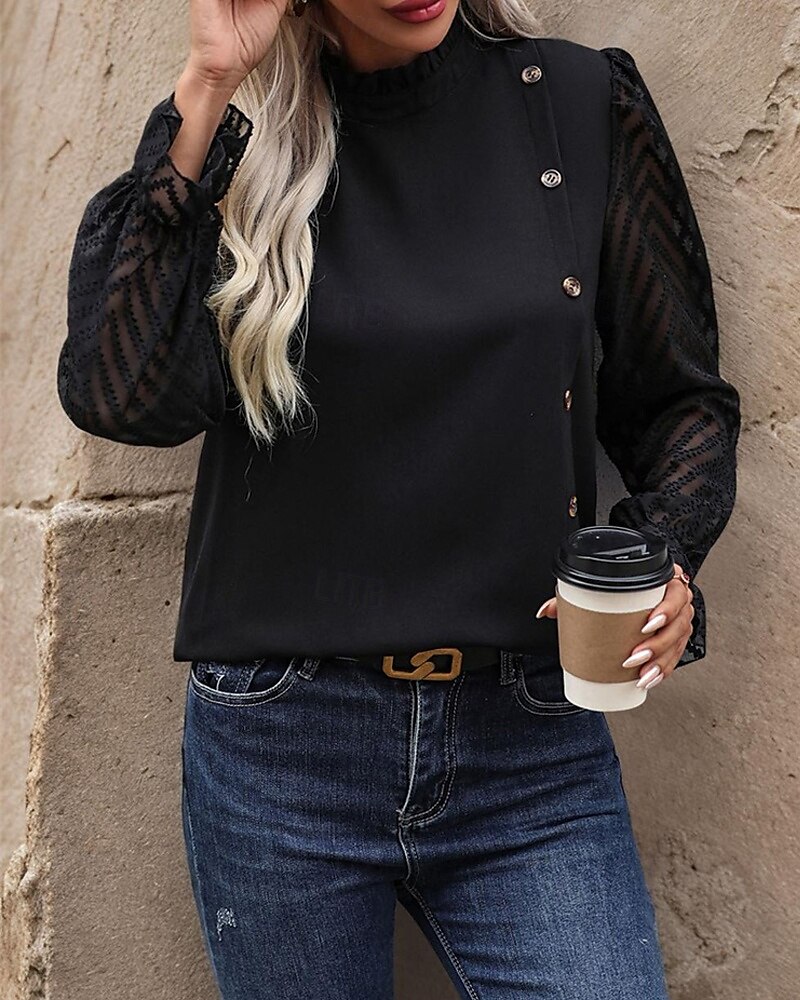 Per donna Camicia Semplice Elegante Moderno Manica Lunga Collo Alto Top Regolari Quotidiano Uscire Bottoni Rete Nero Primavera Autunno del 2025 a $23.99 –P1