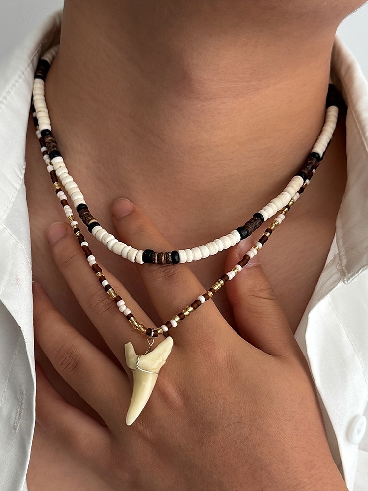 Collar de cuentas tribales multicapa para hombre con colgante de diente acrílico: joyería bohemia informal para uso diario, playa y eventos al aire libre. 2025 - $11.99 –P3