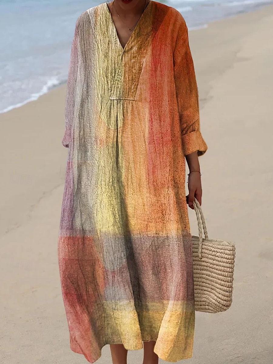 Pentru femei Rochii Midi Rochie de Vară Rochie A line Vacanță Casual Boho Petrecere Plajă Potrivire Largă Grafic Geometric Manșon Lung În V Alb Albastru piscină Portocaliu Maro Vară Primăvară Toamnă 2025 - $35.99 –P2