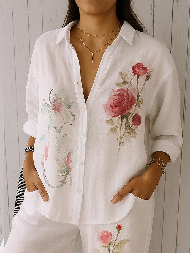 Per donna Camicia Camicia da Spiaggia Floreale Grafico Elegante Quotidiano Essenziale Manica Lunga Manica a Vescovo Colletto a Camicia Top Regolari Quotidiano Ferie Rosa Blu Estate Primavera del 2025 a $32.99 –P1