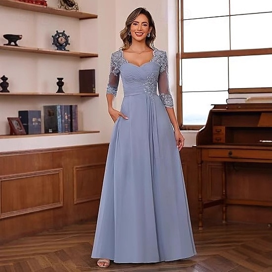 A-linje Kjole til brudens mor Elegant Enkel V-hals Gulvlengde Chiffon 3/4 ermer med Ensfarget 2025 2025 - $119.99 –P2