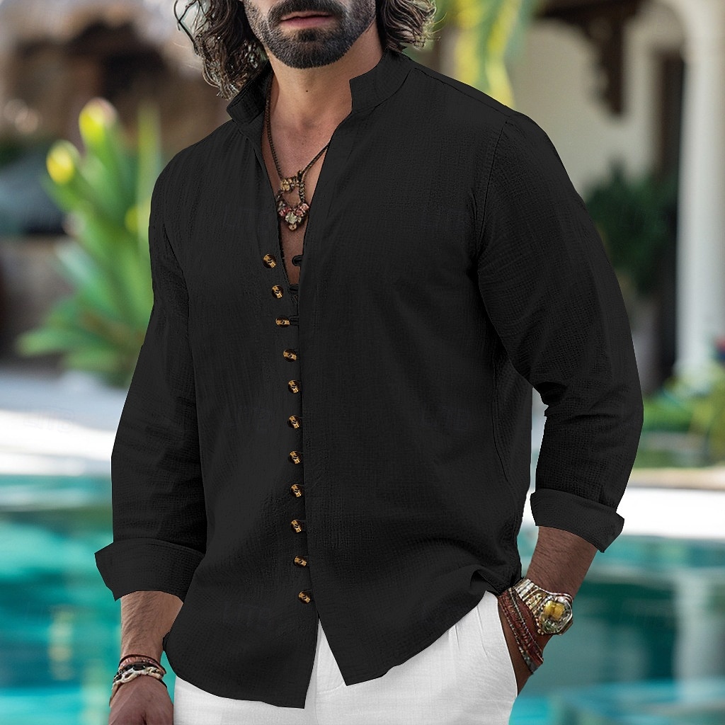 Per uomo Camicia Camicia di lino Camicia Estiva Camicia casual Camicia con Bottoni Semplice Vacanza Crociera Nero Bianco Rosa Azzurro cielo Manica Lunga Colletto alla coreana Primavera & Autunno del 2025 a $23.99 –P10
