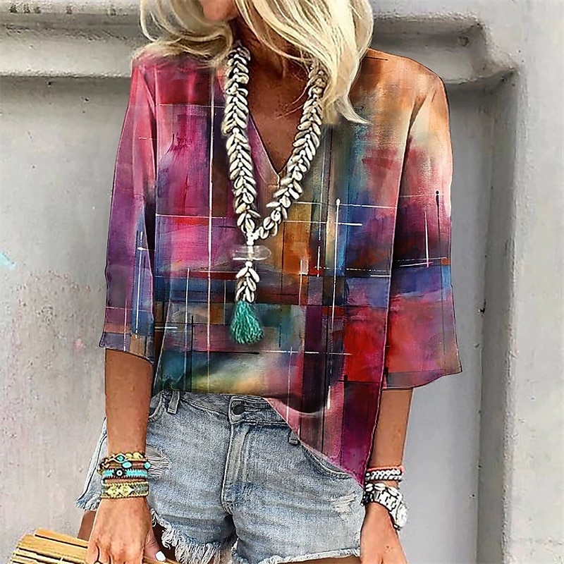 Femmes T-shirt Hauts d'été Dégradé de couleur Mode Moderne Manche 3/4 Col en V Hauts Réguliers Quotidien Imprimé Jaune Rose Claire Bleu Été de 2025 ? $18.49 –P3