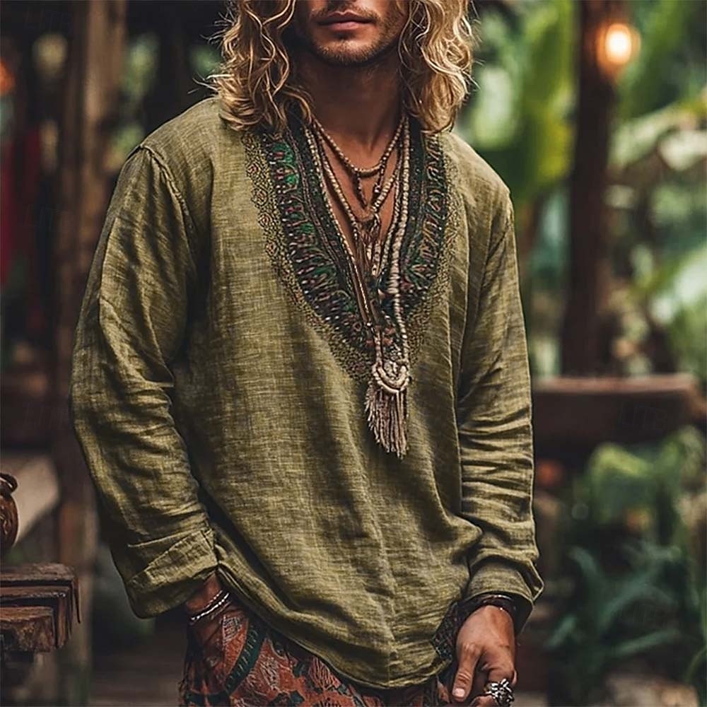 Ανδρικά Πουκάμισο Πουκάμισο λινό Στυλ Βίκινγκ Πουκάμισο Popover Καλοκαιρινό πουκάμισο Ρούχα παραλίας Γεωμετρικό Διακοπές Δρόμος Κίτρινο Βυσσινί Πράσινο του τριφυλλιού Μακρυμάνικο Λαιμόκοψη V 2026 - $25.99 –P8