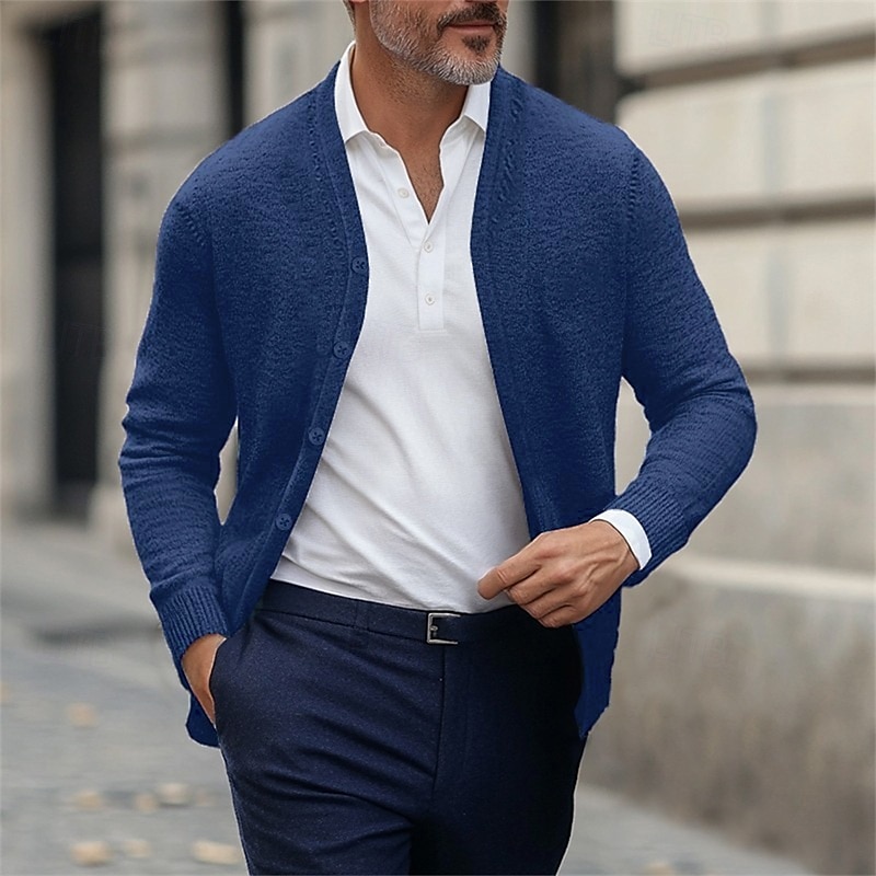 Homens Sueter Cardigan Cardigan de malha Estriado Tricotar Tops regulares Tricotado Tecido Decote V Aquecimento Contemporâneo Moderno Roupa Diária Para Noite Roupa Inverno Preto Azul Marinha S M L de 2026 por $30.99 –P6
