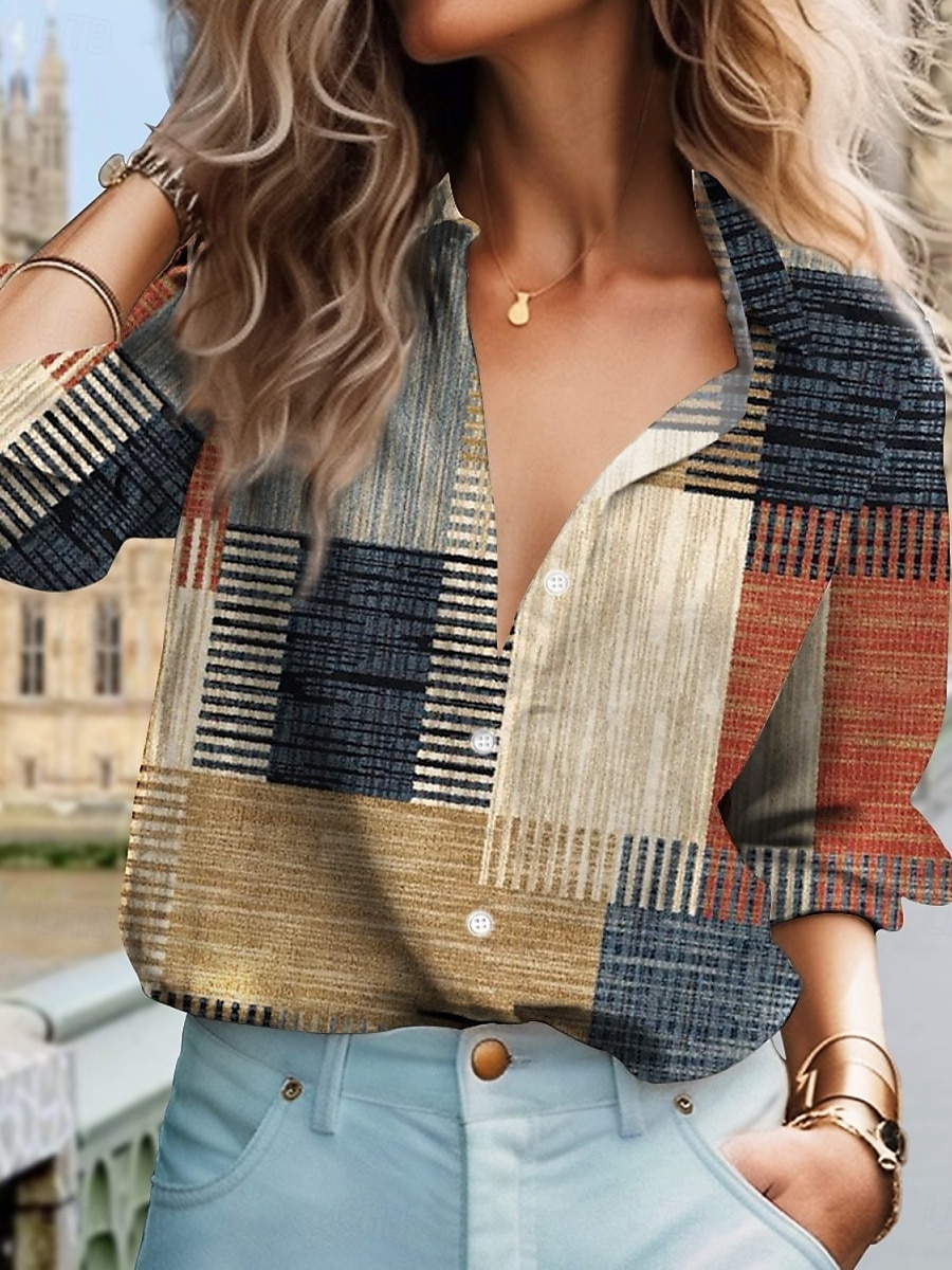 Dames Shirt Button Down Blouse Ruit Stijlvolle Casual Lange Mouwen Shirt Button Down Blouse Kraag Reguliere Tops Dagelijks Knopen Print Rood Blauw Groen Khaki Zomer Lente 2025 - $27.99 –P4