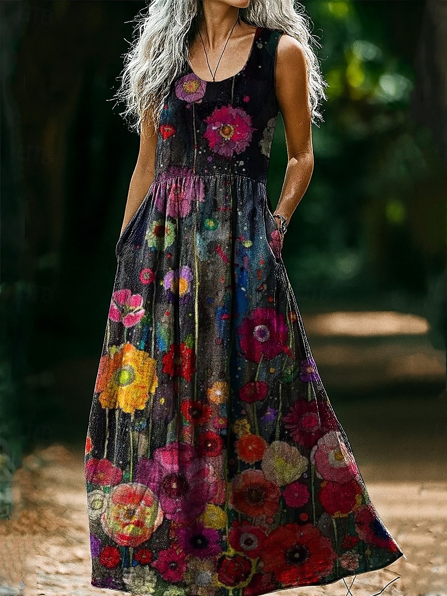 Abito vintage da donna in stile boho con stampa floreale, casual, per uscire in spiaggia, vestibilità regolare, senza maniche, scollo a U, rosa vinaccia, marrone chiaro, blu, estate e primavera. del 2025 a $35.99 –P2