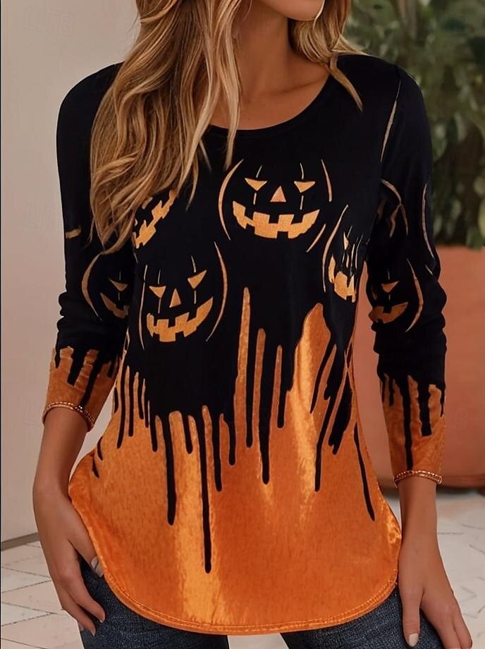Halloween Damen Bluse Grafik Halloween Lässig Langarm Rundhalsausschnitt Normale Oberteile Täglich Druck Schwarz Orange Sommer Frühling MOM 2025 - $22.99 –P1
