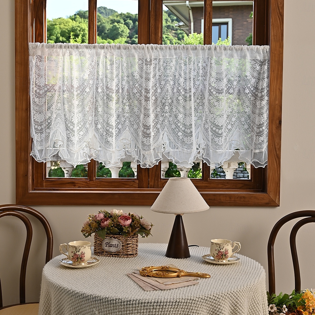 Lace Ruffled Kitchen Short Curtain Valance Vintage Floral Embroidered Short Sheer Cafe Curtain for Kitchen Window Rod Pocket Scalloped Bottom Beaded Sheer Valance1 Panel 2026 - $10.99 –P5