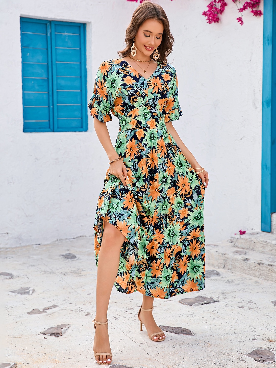 Damskie Sukienka maxi Sukienka letnia Sukienka A line Urlop Codzienny Boho Impreza Wyjściowe Plaża Luźny / a Kwiaty Graficzny Krótki rękaw W serek Kolor Lato Wiosna 2025 - $32.99 –P1