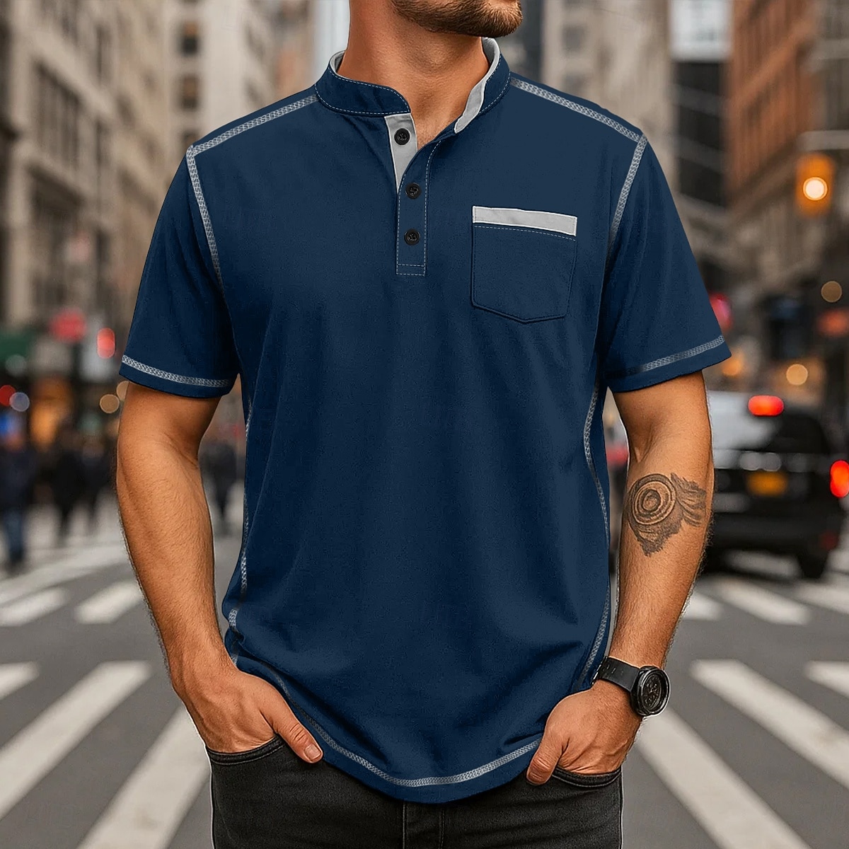 Pánské Tričko Henley Trička Top Henley Krátký rukáv Pevná barva Bez vzoru Jednobarevné Módní Designové Na běžné nošení Barevné bloky Knoflíky Jednoduchý Henley Collar Henley Ležérní Denní Venkovní 2026 - $26.99 –P6
