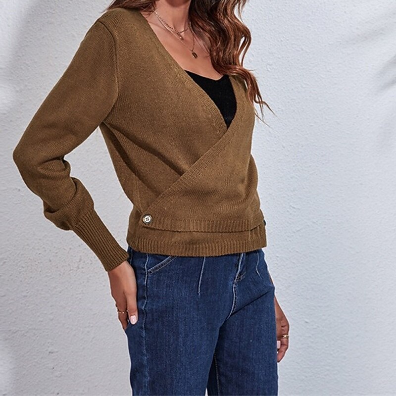 Mujer Pull-over Casual Color sólido Fornido Escote en Pico De Punto Manga Larga Tops regulares Tejer Diario Festivos Noche Marrón Otoño Invierno 2025 - $21.99 –P4