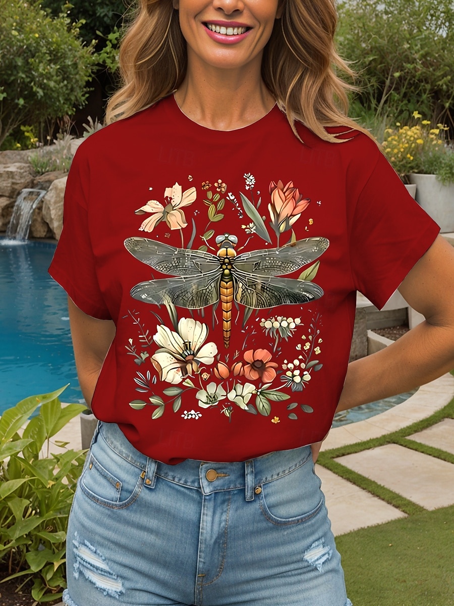 Femmes T-shirt Fleuri Graphique Libellule ancien Élégant Classique Manche Courte Col ras du cou Col rond Hauts Réguliers Quotidien Week-end Imprimé Noir Blanche Jaune Rose Claire Rouge Été Printemps de 2025 ? $19.99 –P8