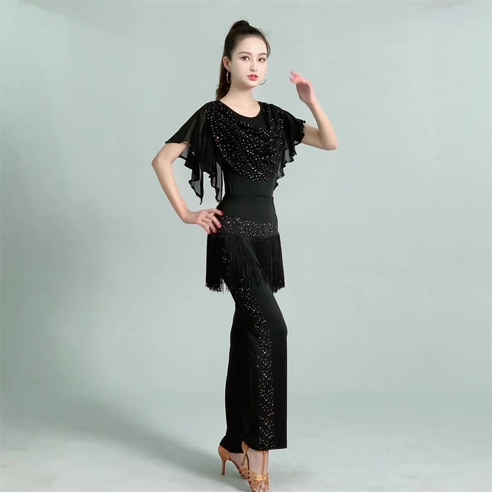 Dames Latijns-Amerikaanse dansbroek met pailletten en franjes – lange, wijde broek voor jitterbug- en matrozendansen &ballroomvoorstelling/oefening 2026 - $46.99 –P2