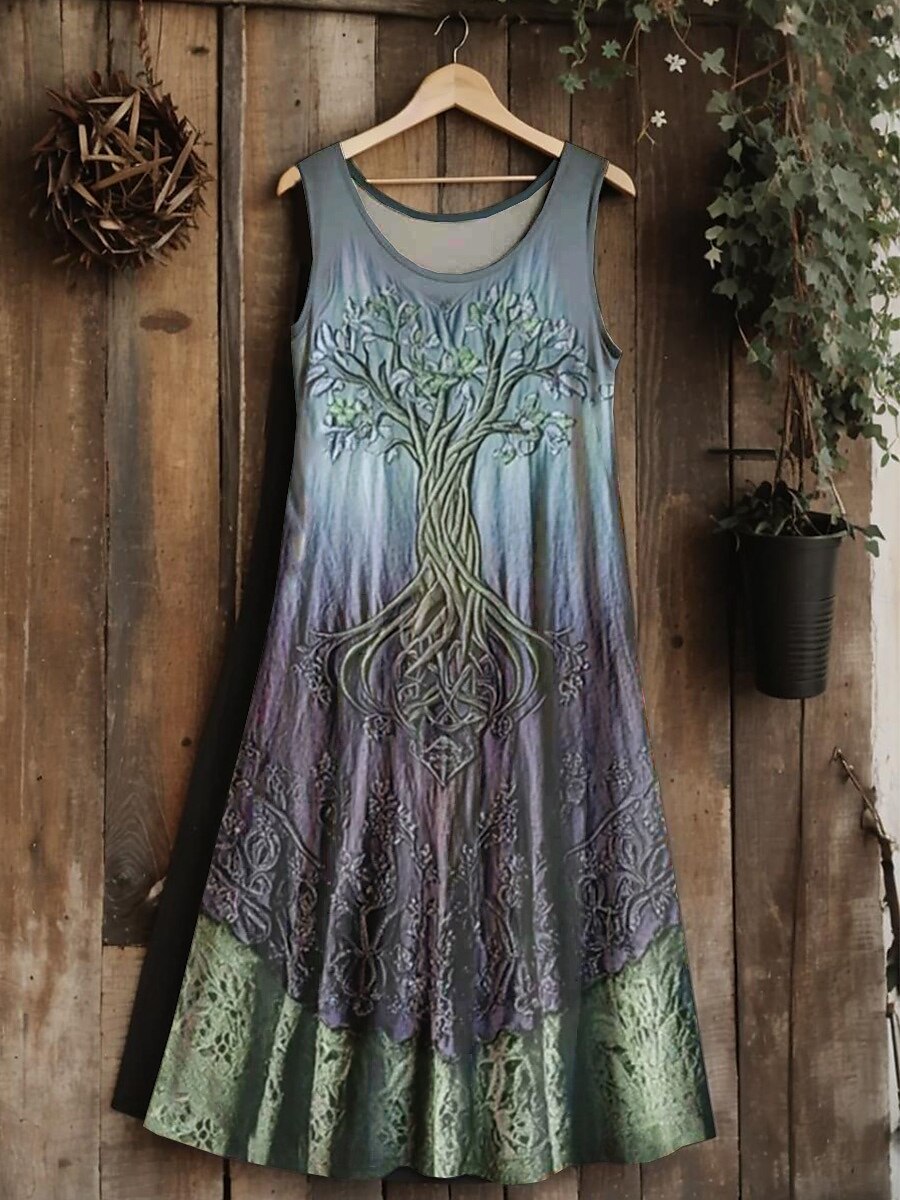 Vestido midi vintage viking com nó celta gradiente feminino, vestido de verão, linha A, casual, boho, festa de casamento, praia, corte regular, floral, gráfico, folha, sem mangas, gola em U de 2025 por $21.99 –P5