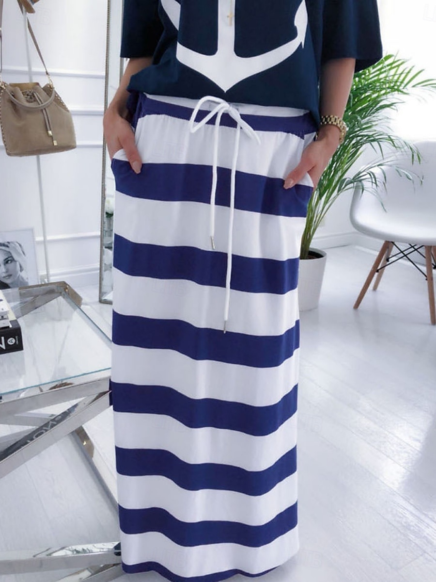 Pentru femei Set de rochii Rochii Tricou Casual Dunga Cordon Imprimeu Rochie Maxi Manșon scurt De Pe Umăr În aer liber Zilnic Alb Albastru piscină Vară Primăvară Fit regulat 2025 - $23.99 –P7