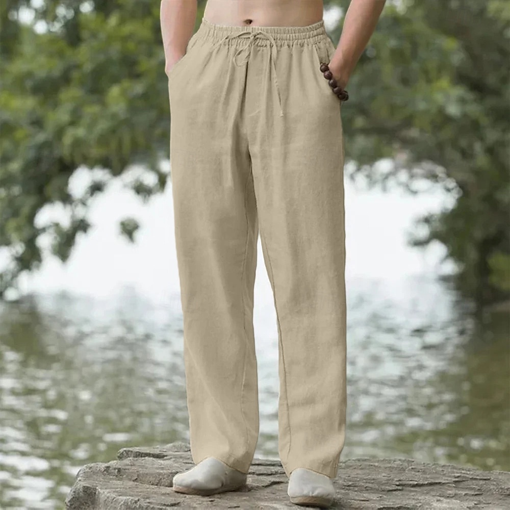 Homens Calças de linho Calças Calça verão Calças largas Cintura elástica Com Cordão Perna reta Tecido Conforto Respirável Comprimento total Ao ar livre Casual Diário Moda Estilo Clássico Preto Branco de 2025 por $20.99 –P2