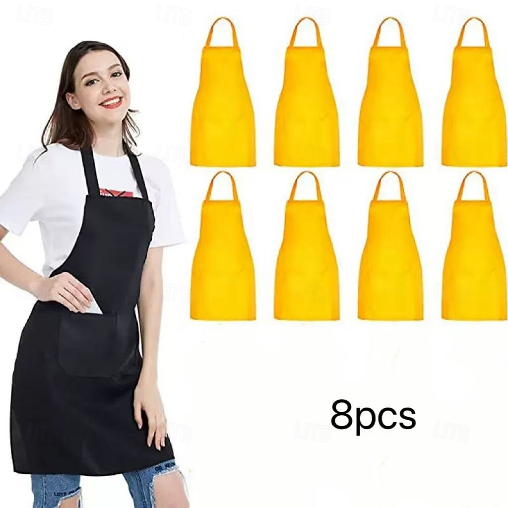 Комплект из 8 фартуков унисекс, прочные кухонные фартуки из полиэстера однотонного цвета с регулируемой горловиной и 2 большими карманами, можно стирать в стиральной машине для приготовления пищи, 2026 - $18.99 –P7