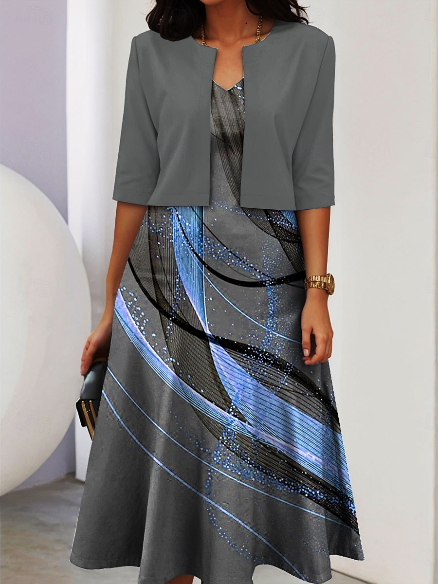 Women's Two Piece Dress Sets Midi Dress with Jacket Elegant A Line Dress Half Sleeve Casual Semi Formal Ombre Graphic Print V Neck Formal Yellow Blue Purple Spring Fall Regular Fit 2026 - $37.99 –P4